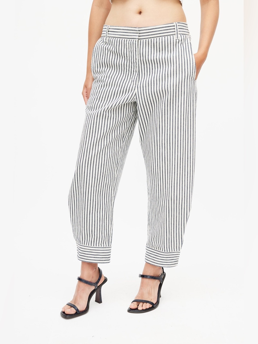 NEW Tibi Navy and White Striped Barrel Cotton Denim Railroad Pants